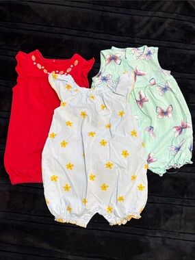 Set of 3 Baby Rompers - Red, Mint Butterfly, blue striped floral 6-9 months